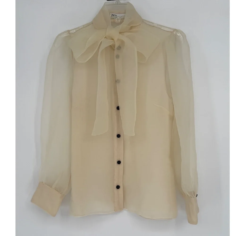 Zara Organza Bow Blouse Cream Sheer Button Front Top L Soft Femininity 102-08